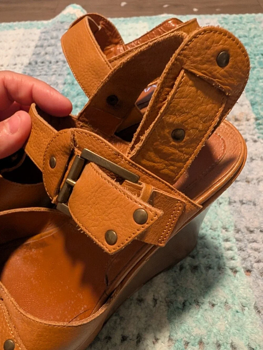 Via Spiga Leather Tan Buckle Sandal Wedges  Women Size 8
